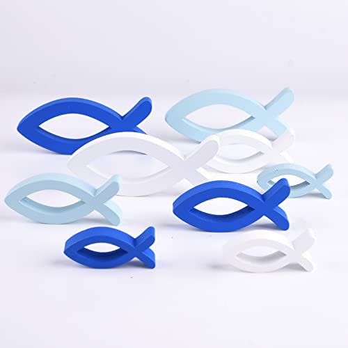 FEPITO 9er Set Holzfische Deko Fisch Blau Weiß Fischverzierung Tischdeko für Taufe, Kommunion, Konfirmation Deko Junge Taufedeko (Blau Hellblau Weiß)