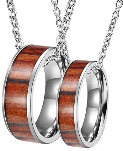 Beydodo Kette Edelstahl Personalisiert, Halskette mit Charm Anhänger Ring 6MM 8MM mit Holz Partnerkette für Sie und Ihn