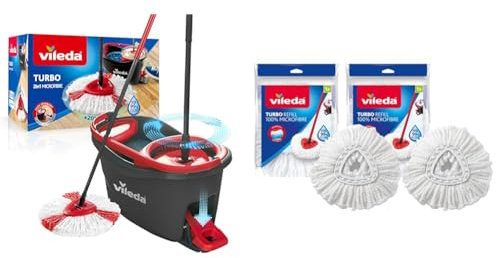 Vileda Turbo Mop Easy Wring & Clean con secchio a pedale, manico telescopico da 85-130 cm & Easywring e Clean Turbo Classico in Microfibra mop Refill Head, Microfibra, White, Twin Pack