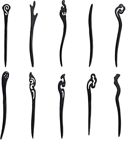 10 Pièces Bâtons d'accessoires pour cheveux, Bâtons de Cheveux en Bois, Baguettes à cheveux, Convient aux Femmes aux Cheveux Longs(Le Noir)