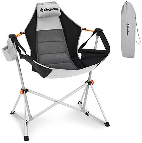 KingCamp Hängematte, Campingstuhl, Schaukelstuhl für Erwachsene, Rasen, Strand, Camping, Outdoor, tragbarer Klappstuhl, hält bis zu 136 kg, Tragetasche, Getränkehalter (grau/schwarz)