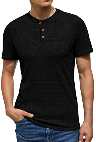 Sailwind Mens Short Sleeve T Shirt Casual Grandad Shirts for Men Waffle Tshirts Henley Tops for Men (Black, M)