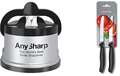 AnySharp Knife Sharpener with PowerGrip, Silver, One Size & Victorinox 11 cm Swiss Classic Serrated Edge Tomato/Utility Knife in Blister Pack, Set of 2, Black