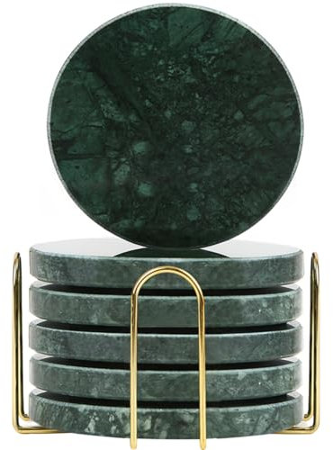 TransMarble Marmor-Untersetzer für Getränke mit Metallständer für High-End-Lifestyle (Set mit 6 Stück) (Rund, Smaragdgrün)
