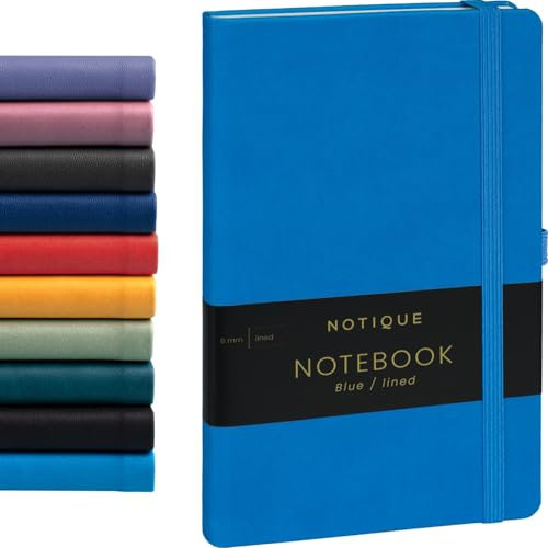 NOTIQUE Notizbuch Liniert, Hardcover Notizbuch, Notizheft, Journal, Tagebuch mit Gummiband und Stifthalter 13x21cm, 192 Seiten (Blau, Liniert)