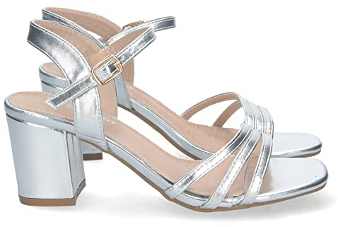 shoes&blues.es 74696-Sandalia de Tacon para Mujer, Comoda, con Palas Finas, Talon Abierto, y Cierre de Hebilla, Primavera Verano 2023. Talla 38 Plata