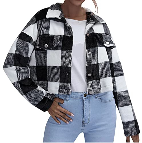 tsaChick Strickjacke Frauen Langärmelig Schulterjacke Mädchen Teenager Cardigan Damen Sommer Women's Short Schluppenkragen Klassisch Pullunder Winter Plaid Button Down Urlaub Taschen Coat KSE15