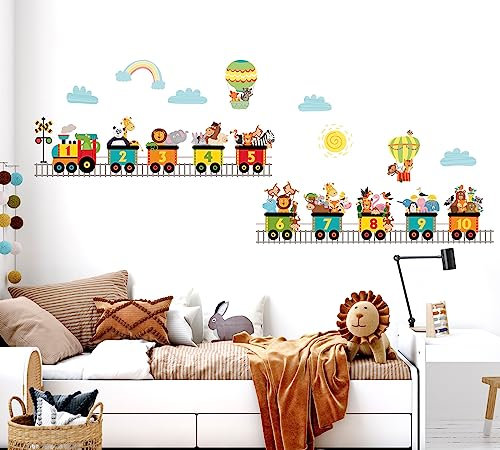 WONDER MURALS Pegatinas Vinilo Adhesivos Pared Paredes Animales en Tren Números Murales Decorativos Infantiles Bebe Decoración Habitación Dormitorio Niños