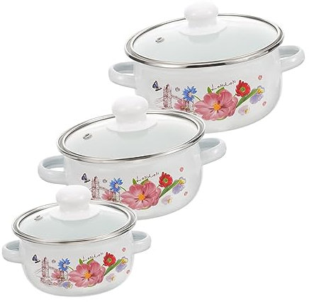 Yardwe 3pcs Enamelware Cooking Pot Vintage Enamel Pot Soup Casserole Enamel Nesting Basin Chinese Enamel Bowl Flower Stockpot Broth Pot Stew Pot Kitchen Enamel Soup Pot Pan Delicate White