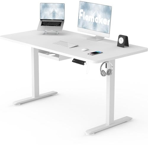 Flamaker Höhenverstellbarer Schreibtisch Ganze Tischplatte 100 x 60 cm Schreibtisch Höhenverstellbar Elektrisch mit 4 Memory-Steuerung und Häkchen und 360° Rollen (Weiß)