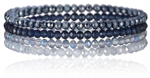 Elegantes Damen Kristall Perlen Armband Set - Mehrschichtiges Freundschaftsarmband aus Facettenreichen Kristallen, Farbintensiv & Elastisch, Danksagungsgeschenk für Frauen, 7 Zoll Passform (Blau)