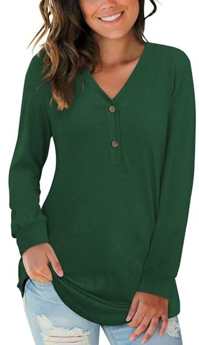 AUSELILY Women's Long Sleeve Tops V-Neck Jumpers Causal Button Down Sweatshirts Loose Henley T Shirt Blouse(Dark Green,L)
