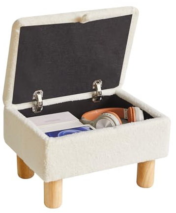 Aibiju Kleiner Fußhocker mit Stauraum, Fußhocker aus Kunstteddyfell mit Holzbeinen, rechteckiger Ottoman mit gepolstertem Sitz für Wohnzimmer, Schlafzimmer, Eingangsbereich, Büro, Weiß YD-JD136W