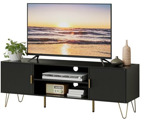 HEYZOEY Wood TV Stand, TV Unit for up to 65 Inch TV, 137cm TV Table with 2 Cabinets and Open Shelves, TV Unit Console Table for Living Room,Bedroom,Black