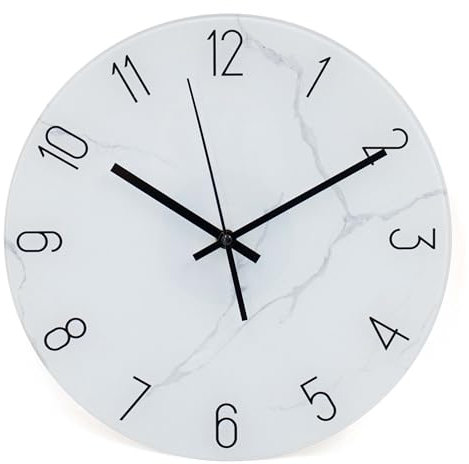 K&L Wall Art 30cm große Wanduhr aus Glas Küchenuhr Marmor Optik auf Klarglas leise Glasuhr ohne Tick-Geräusche (Marble weiß grau)
