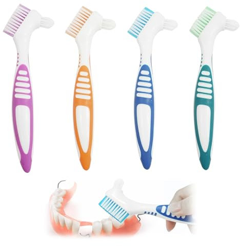 Wovify Doppelseitige Prothesenreinigungsbürste, 4 Stück Tragbare Prothesenreinigungsbürsten mit Moderaten Mehrschichtigen Borsten, Reinigungsbürste für Zahnersatz, Zahnprothesen, Gebiss, Retainer