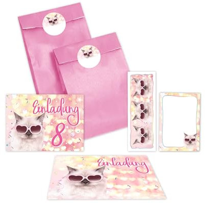 JuNa-Experten 12 Einladungskarten zum 8. Kindergeburtstag Mädchen Katze Tiere Einladung achte Geburtstag incl. 12 Umschläge, 12 Partytüten/rosa, 12 Aufkleber, 12 Lesezeichen, 12 Mini-Notizblöcke