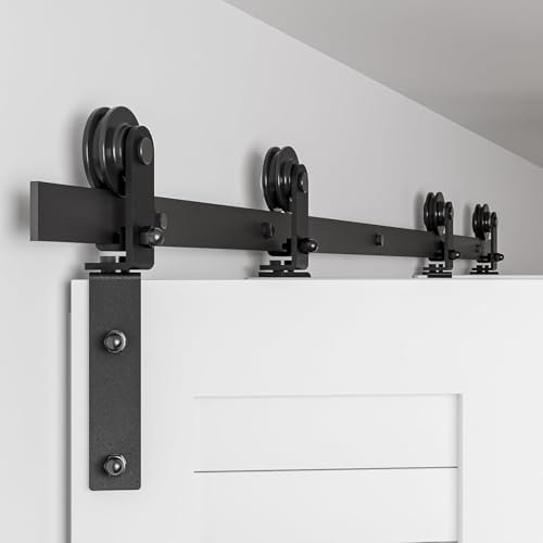 214 cm / 7 ft Bifold Sliding Door Fitting Sliding Door System Complete Set Runner Rail Wheels Set Black for 4 Wooden Doors 52 cm (Door Not Included)
