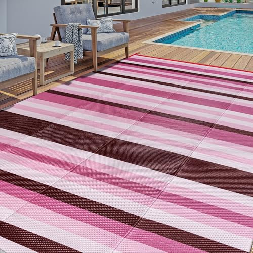HUGEAR Wasserdichter Outdoor-Teppich, Kunststoff, 2,4 x 25,4 cm, waschbar, wendbar, Bodenmatte, rosa gestreift, Teppich für Camping, Wohnmobil, Deck, Eingang, Veranda, Picknick, Balkon, Strand,