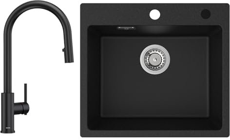 CECIPA Granit Küchenspüle schwarzem 55x45cm, 1 Becken mit integriertem Siphon, 360° drehbarem Wasserhahn aus Edelstahl mit ausziehbarer Brause