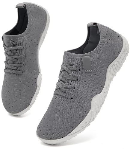 UNQWQZ Barfußschuhe Damen Barfuss Sneaker Weich Laufschuhe Sportschuhe Leicht Turnschuhe Atmungsaktives Walkingschuhe Obermaterial rutschfeste Gummisohle Grau 36