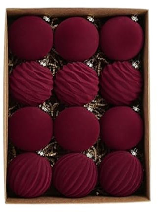 Roter Samt-Weihnachtsschmuck, roter beflockter Weihnachtsschmuck für den Weihnachtsbaum, 12 Packungen Kugeln, dunkelrote Weihnachtsdekoration zum Aufhängen