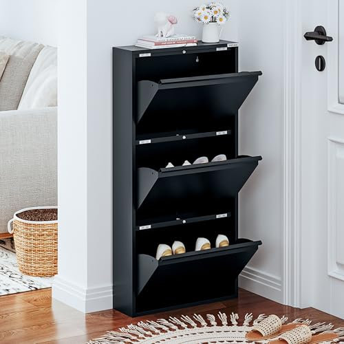 VEEHAUS Schuhregal Schmal Metall Schuhschrank Hoch Schuhkipper mit Magnetische Abdeckung Metall Montiert Schuhschrank Schmal und Wandmontage (Anthrazit, 3 Klappen)