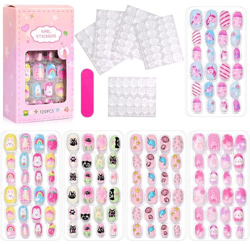 120pcs kids False Nails Square - Short Press on Nails Kids - Cartoon Stick on Nails for Kids - Full Cover Fake Nails with Cute Bunny,Dolphin,Strawberry,Cake Nail Decorations for Girls