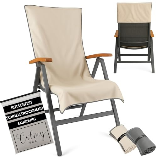 CalmySEA Schonbezug Gartenstuhl Hochlehner 130x65cm - mit Kapuze Microfaser Light Weight Schonbezüge für Gartenstühle Handtuch mit Umschlag Bezug Campingstuhl (Beige, 1 Stück)
