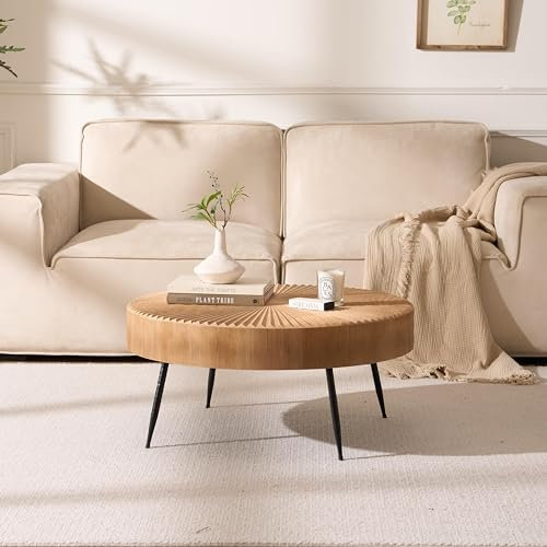 Cagnolier Couchtisch Rund, Wohnzimmertisch aus Holz mit linearem Design, Coffee Table mit schwarzen Metallbeinen, Sofatisch im Wohnzimmer, Hellbraun Beistelltisch ø77×36cm