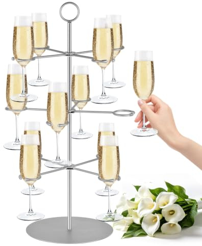 QPIX DIGITAL Cocktail Tree Stand, Metal Drink Tower, 3 Tier - 12 Holders For Champagne, Cocktails,Martini, Margarita Cups at Weddings, Bridal Shower, Mimosa Bar Parties & Events (Silver)