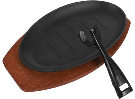 DOITOOL Cast Iron Fajita Skillet with Tray and Fork Seasoned Japanese Steak Plate Grill Pan for Oven Stovetop and Outdoor Use Easy-Clean Striped Grill Plate for Sizzling Steak and Fajita