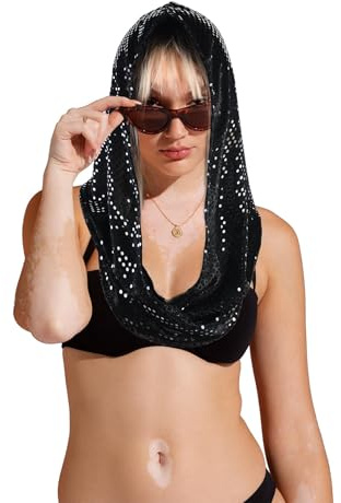YUEXNKO Glitzerndes Bandana Kopftuch, Unisex Rave Kapuze mit Pailletten, Vielseitiges Halstuch, Kopfband & Karnevals-Accessoire Pailletten Rave Kapuze für Karneval, Halloween & Konzerte, Schwarz
