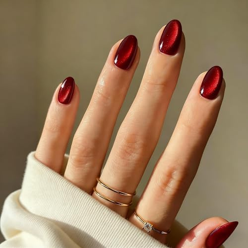 SXVME Cat Eye Press On Nails Short - Dark Red False Nails Oval, 30 Pcs 15 Sizes Glitter Black Fake Nails Press ons, Upgrade Thick Quality, Reusable Almond Glue on Nail for Women Goth, Burgundy