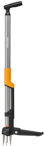 Fiskars Ergonomic Unkrautstecher | Ergonomischer versetzter Griff, Auswurfsystem, Klappbare Fußplatte, Schwarz/Orange, 1082708