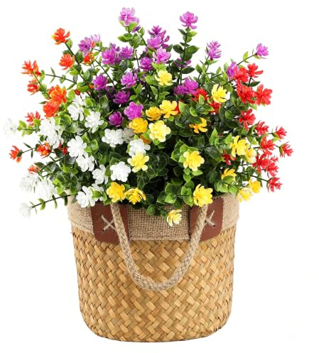 binandtem 12 Bundles Artificial Flowers (10 Bundles Flower + 2 Greenery Grass), UV Resistant Faux Plants with Bendable Stems for Outdoor & Indoor Décor, Garden Pots, Porch Baskets - Colorful