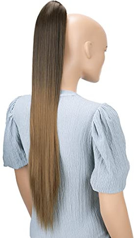 CAISHA 70cm Extralang Clip On Haarteil Zopf Pferdeschwanz Hitzebeständig Synthetik Glatt Ombré Braun Mix H117