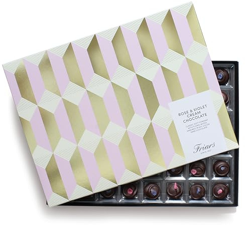 Friars Handmade Chocolate Rose & Violet Creams, Soft Fondant, 48 Box | A smooth centre with a rich 65% dark cocoa shell, made in England, vegetarian, a delicate floral treat for special days