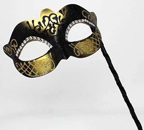LADIES BLACK & GOLD CRYSTAL JEWELLED EYES VENETIAN MASQUERADE CARNIVAL PARTY EYE BALL MASK ON A STICK