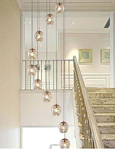 BDS Lighting Lustre Spirale 10 Boules De Verre - Grand Pendentif Lumière Pour Escalier, Salon, Villa - Moderne Creux - 55x200cm