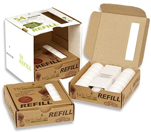 Candelo Eco Refill Teelichter 54 Stück Wachsrohlinge ohne Hülle für wiederverwendbare Teelichthüllen & Windlichter Plastikfrei, geruchsneutral, 6 Std Brenndauer Nachhaltige Vorratspackung