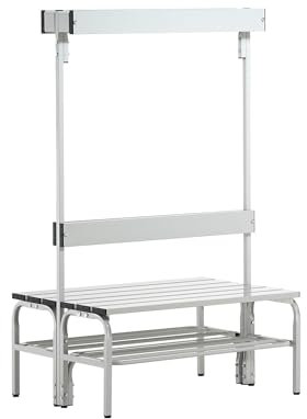 Sypro | Umkleidebank mit Aluminiumleisten | HxT 1650 x 725 mm | doppelseitig | Länge 1015 mm | 6 Haken | lichtgrau | Schuhrost