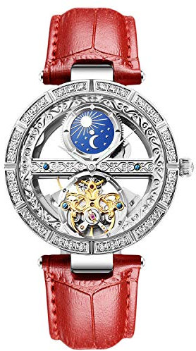 RORIOS Montre Femme Mécanique Automatique Femme Montre Bracelet en Cuir véritable Remontoir Automatique Dames Montres