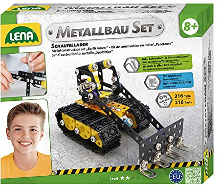 Lena 42674 - Metallbau Set Schaufellader mit 216 Teilen, Metall Bausatz inklusive Werkzeug und Anleitung, Metallbaukasten zum Zusammenbauen, Konstruktion Baukasten, Baufahrzeug für Kinder ab 8 Jahre