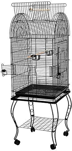 XUANYU Vogelkäfig für Wellensittiche Breite ca. 1,7 cm, Vogelkäfig mit Mobile Ständer, Voliere für Vogel mit Futternäpfen, Tränke, Holzstäbch, ca. 59 * 59 * 140 cm, Schwarz