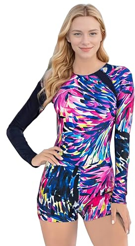 BEACHKINI Femmes Zip Up Surfwear Maillot de Bain à Manches Longues Maillot de Bain récréatif Une pièce Combinaison,Colorful Blue,XXL