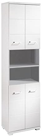 byLIVING Badezimmer-Hochschrank NEBRASKA / Korpus matt weiß / 4 Türen Hochglanz weiß lackiert / Badezimmerschrank / Badschrank mit offenen Elementen / viel Stauraum / B 50, H 192, T 31,5 cm