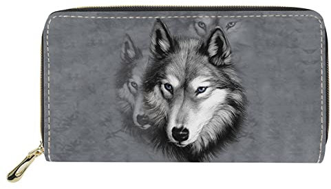 Dolyues Grauer 3D-Wolf-Druck Damen Reißverschluss Pu-Leder Lange Geldbörse mit Kreditkartenhalter Damen Geldbörse Clutch Geldtaschen