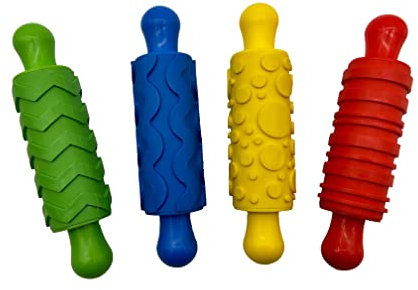 Rubber Pattern Making Rolling pins | Pack of 4 Assorted Patterns | Strong Plastic Handles