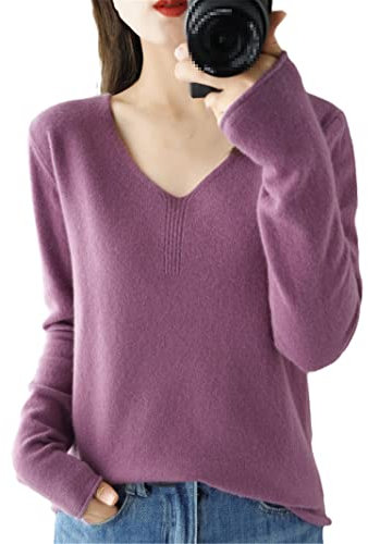 Vogrtcc Maglione lavorato a maglia a maniche lunghe con scollo a V Maglione di lana delle donne di autunno di modo, Viola, XL